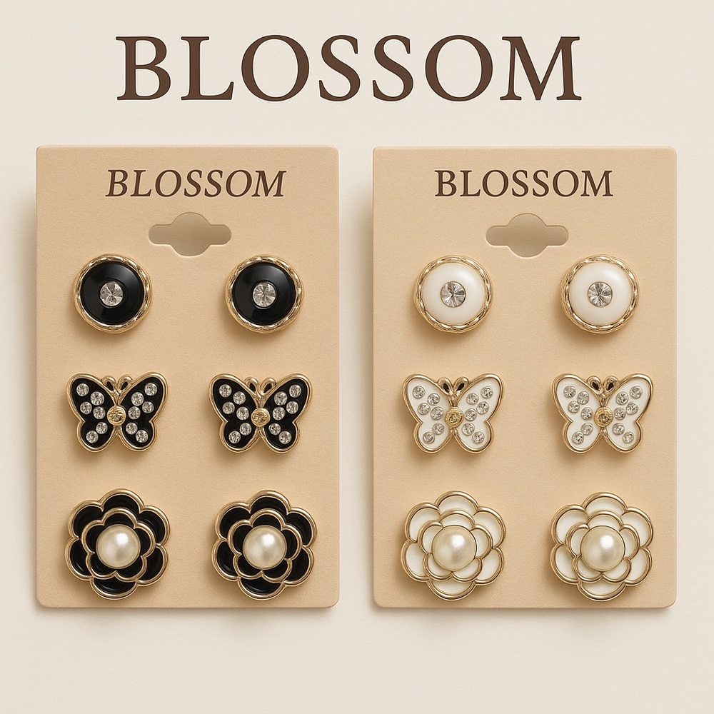 Blossom 3-Pair Earring Set, w/ Butterflies & Camellia Flowers– Black or White